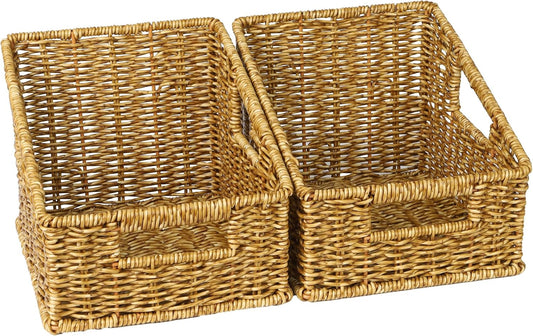 Pantry Baskets for Organizing, Waterproof Wicker Basket with Handles, Trapezoid Woven Baskets for Shelves，Bedroom, Laundry Room,Tan