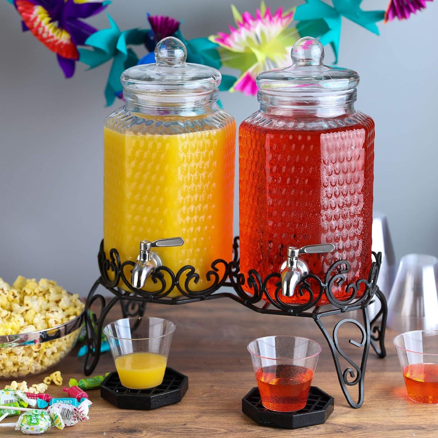 Double Glass Beverage Dispenser Set - Dual 1 Gallon Punch Dispensers with Stand, Spigot, and Drip Trays | Ideal for Juice, Tea, and Party Drinks | Elegant Pitcher for Parties and Events