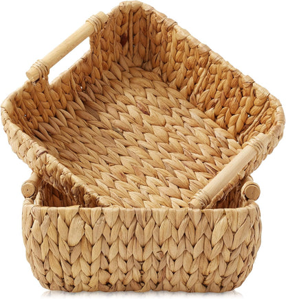 Casafield Set of 2 Water Hyacinth Oval Storage Baskets with Wooden Handles - Medium, Woven Bin Organizers