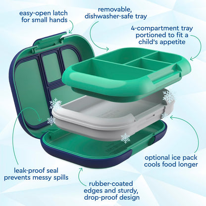 Bentgo Chill Kids Leak-Proof Lunch Box - 4-Compartment Bento Box with Built-In Ice Pack, 3.3 Cup Capacity, PFAS & BPA-Free, Microwave & Dishwasher Safe, Ideal Size for Ages 3 to 7 (Truly Teal)