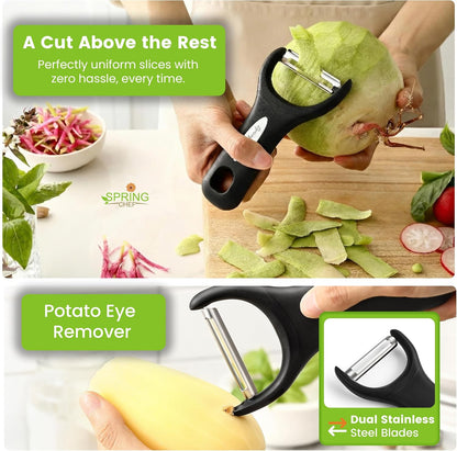 Spring Chef Vegetable Peelers for Kitchen - Stainless Steel Swivel, Y & Julienne Peelers, Potato Peelers with Soft Grip Handles, Kitchen Utensils Set of 3 for Fruits, Veggies, Apples, Carrots