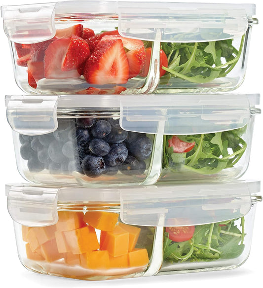 Fit & Fresh Divided, 5-Pack, Two Compartments, Set of 5 Containers with Locking Lids, Glass Storage, Meal Prep Containers with Airtight Seal, 27 oz.