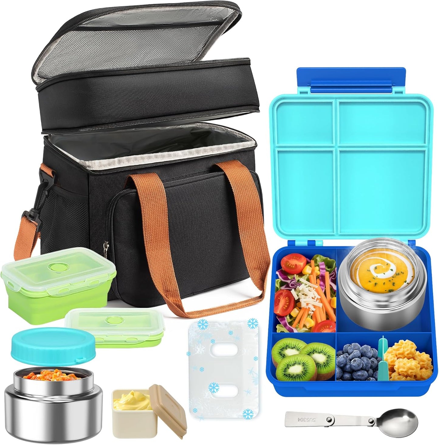 Adult Lunch Box Insulated Leak Proof Meal Prep Kit with 4-Compartment, Kids Soup Thermos for Hot & Cold Food, Lunch Box Containers for Men Women, Lunch Cooler Bag with Ice Pack for Work (Blue)