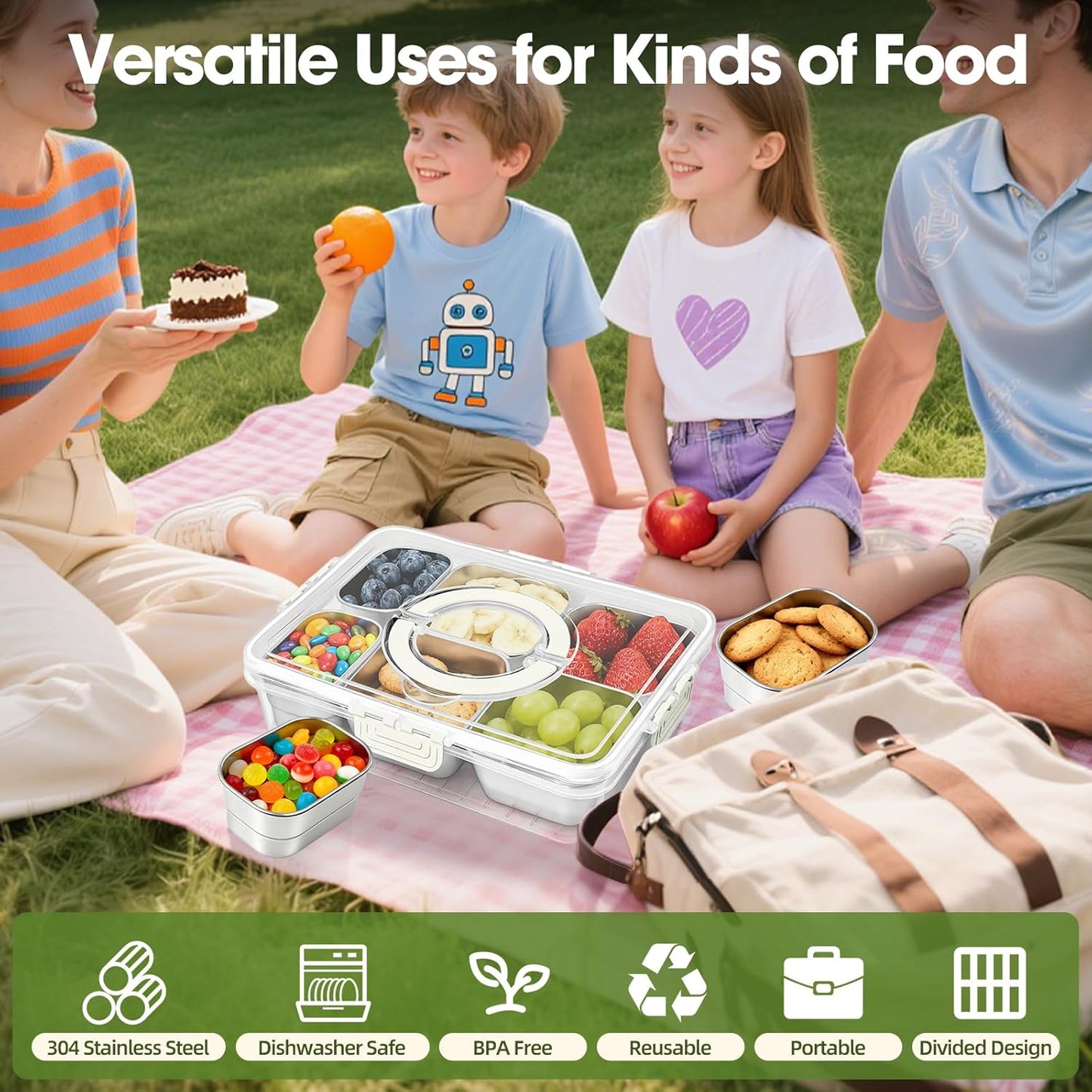 WanshengLe 6 in 1 Snackle Box 3.82L with Lid & Handle, 4 PCS Stainless Steel Snack Box and 2 PCS Plastic Box, 6 Detachable & Dishwasher Safe Snacklebox, Divided Container Box for Snack Fruit Nut