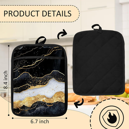 Abstract Black White and Gold Pot Holders 2 Pack Set, Black and Gold Kitchen Decor, Modern Boho Abstract Luxury Marble Heat Resistant Oven Hot Pads for Kitchen Countertop Baking