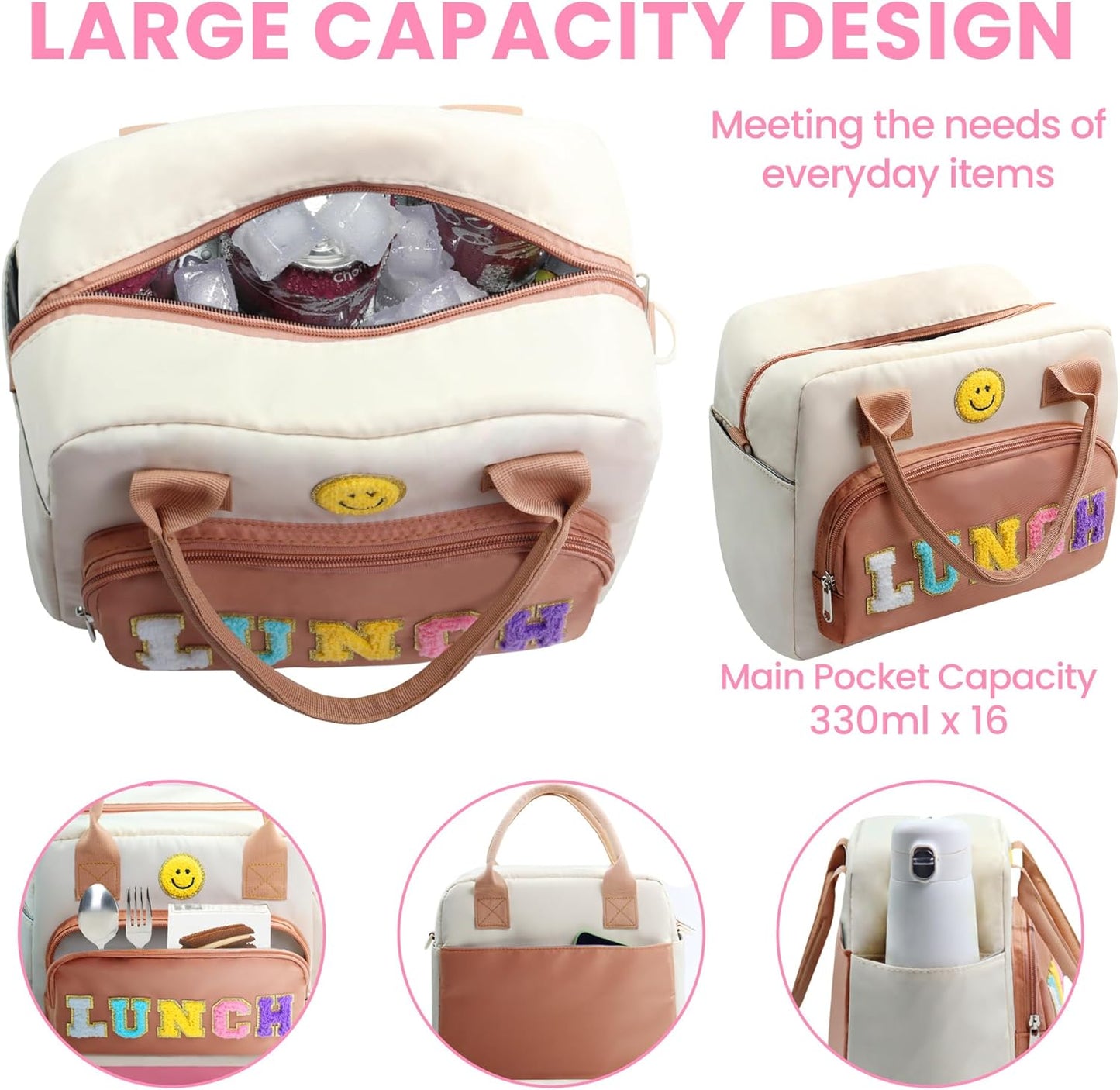 RLGPBON Insulated Lunch Bag Teen Girls, Preppy Lunch Box Large Insulated Lunch Bag Reusable Lunch Tote Bag, Preppy LunchBag for Girls School Travel Picnic