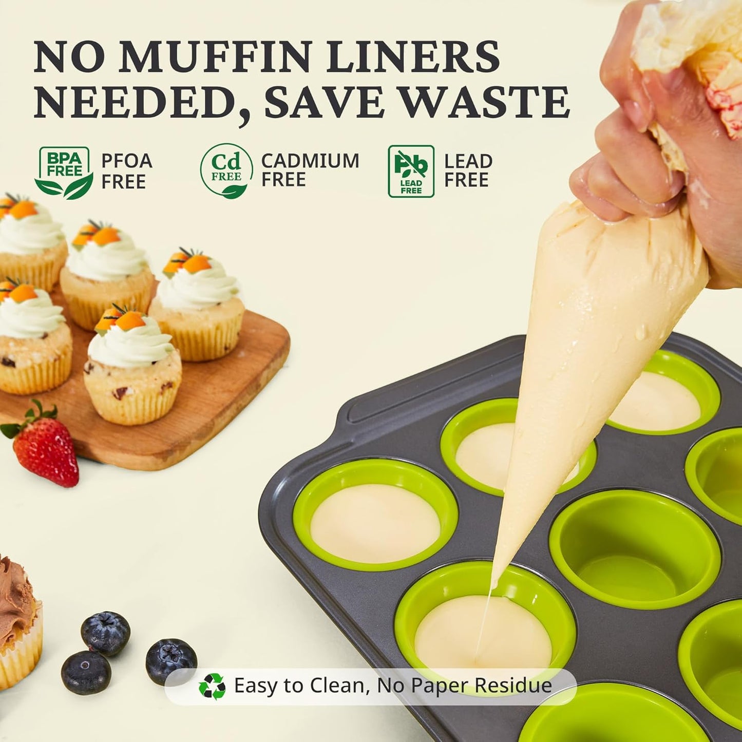 BRONYPRO Silicone Muffin Pans for Baking with Metal Frame, Egg Bite Molds, Cupcake Pans 12 Regular Size, Muffin Tins Easy to Pop Nonstick Non Toxic Bakeware for Oven,Blue
