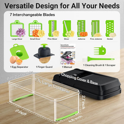 SpaceHacks 12-in-1 Vegetable Chopper, Kitchen Gadgets with 7 Blades, Veggie, Food, Onion Chopper, Cucumber Slicer, Versatile Mandoline, Includes Egg Separator & Finger Guard, Gray