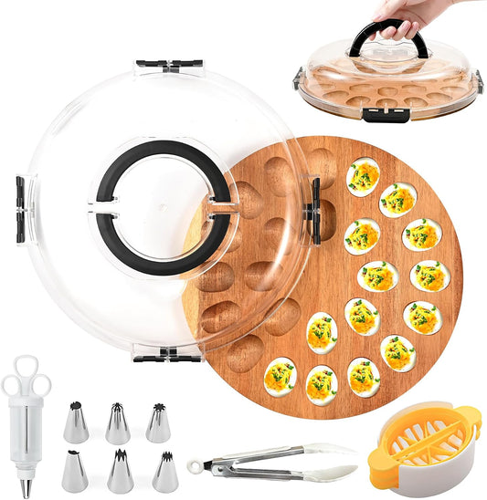 Deviled Egg Containers with Lid, 24 Holes Round Deviled Egg Platter for Party and Kitchen, Charcuterie Board Food Serving Container Holder for Countertop Carrier Supply, House Warming Gifts New Home