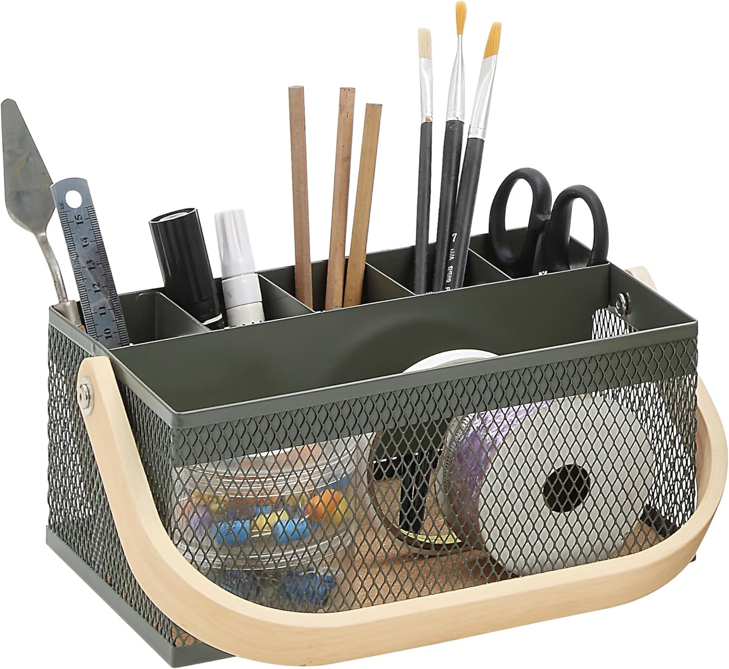 SunnyPoint Utensil Caddy with Plywood Handle – Metal Mesh Silverware & Cutlery Organizer for Kitchen, Picnic, Party, Restaurant & Events (BLUE)