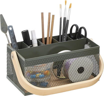 SunnyPoint Utensil Caddy with Plywood Handle – Metal Mesh Silverware & Cutlery Organizer for Kitchen, Picnic, Party, Restaurant & Events (BLUE)