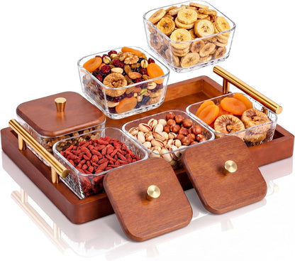 Domensi 6 Glass Snackle Box with Wood Tray and Lids Dry Fruit Container Jars Divided Serving Snack Tray with Gold Handles, Snackle Box Container Platter for Candy, Condiments Home Entertaining
