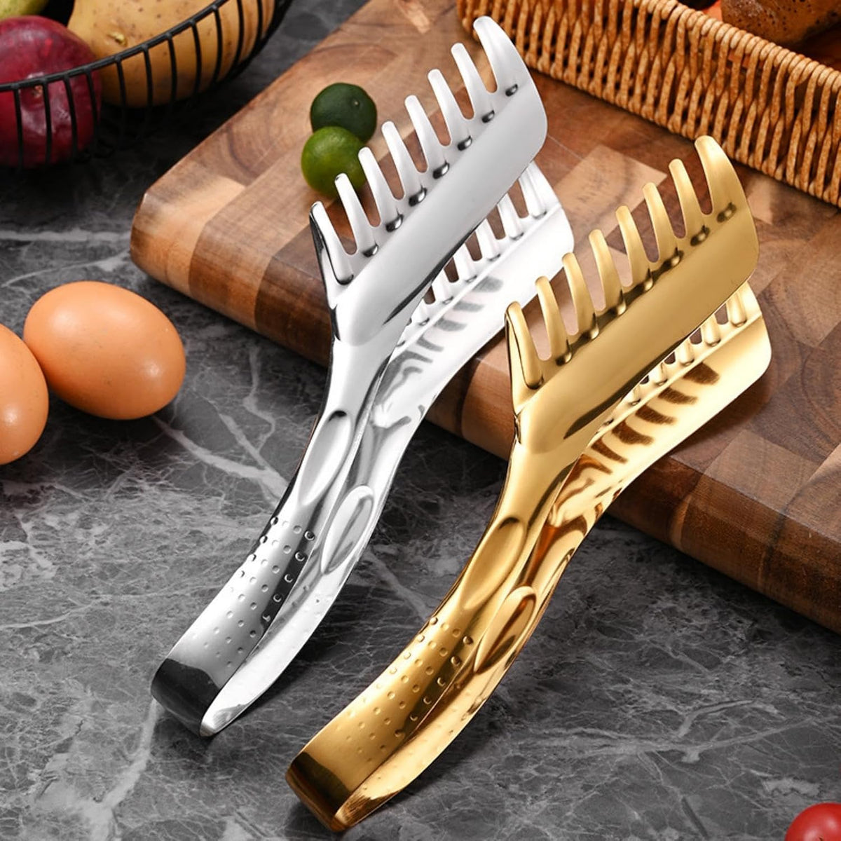 Pasta Tongs,spaghetti tongs,Stainless Steel Kitchen Utensil for Spaghetti, Lasagna, Salad & Sliced Foods, Serrated Tips for Easy Lifting, Secure Grip & Draining (Gold)