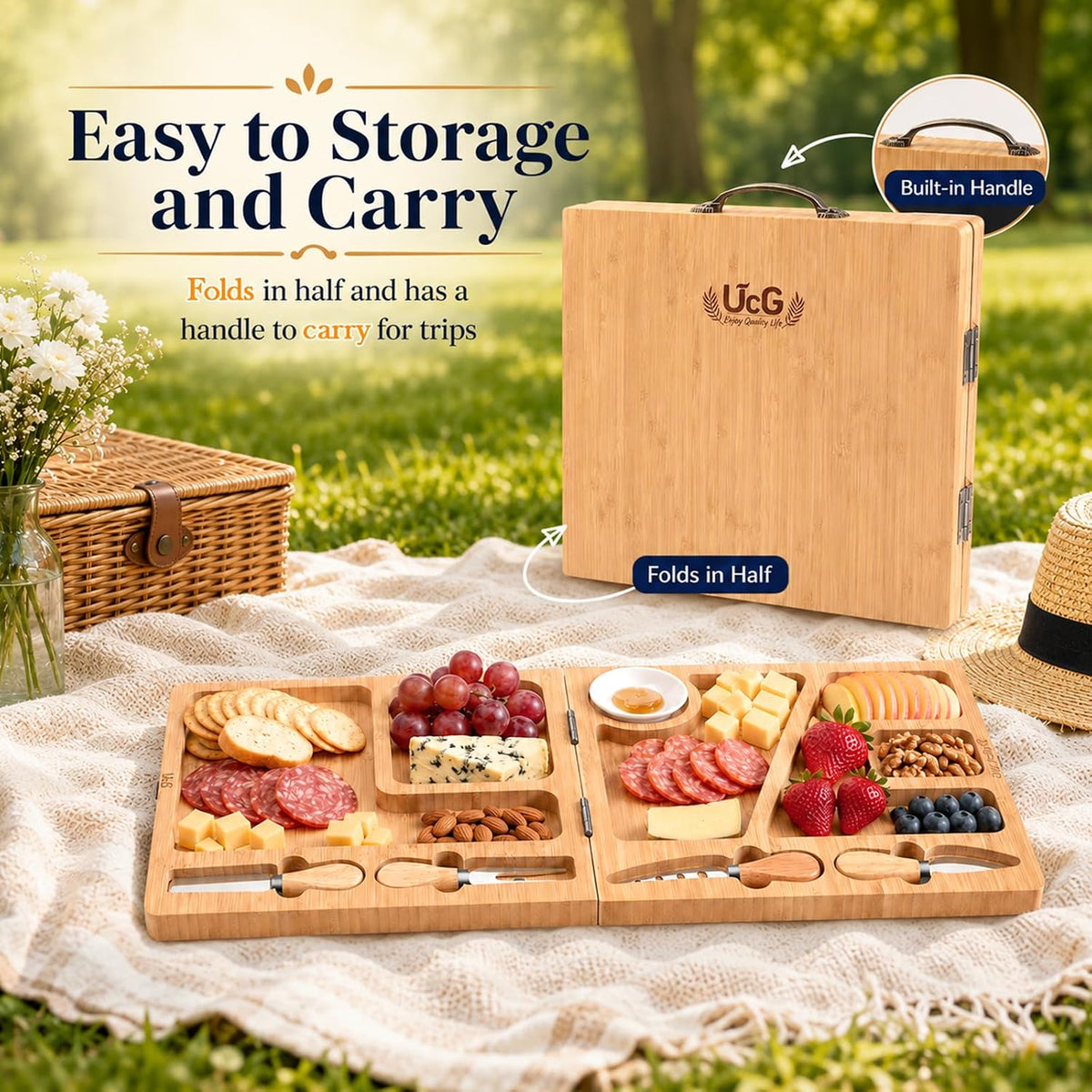 Beautiful Gift Bamboo Charcuterie Boards: Folding Easy Storage, Large