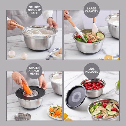 COOK WITH COLOR Stainless Steel Mixing Bowls Set with Lids - Nesting Bowls with Non-Slip Bottom, Sage, 12 Pieces