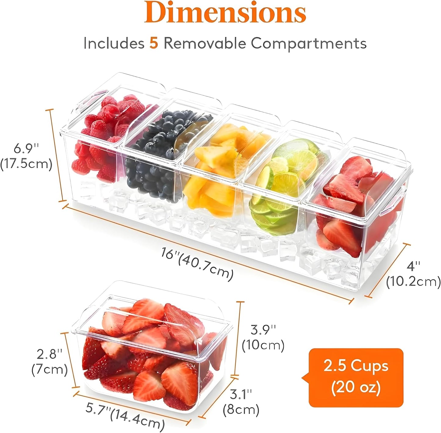 𝐋𝐚𝐫𝐠𝐞 Ice Chilled Condiment Server Caddy with 5 Removable Compartments (2.5 Cup), Clear Garnish Tray with Lids – Fruit, Salad, Taco, Bar Platter – Free Stainless Steel Accesories