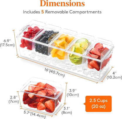𝐋𝐚𝐫𝐠𝐞 Ice Chilled Condiment Server Caddy with 5 Removable Compartments (2.5 Cup), Clear Garnish Tray with Lids – Fruit, Salad, Taco, Bar Platter – Free Stainless Steel Accesories