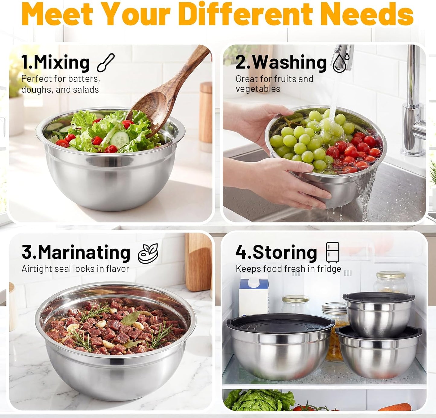 Beasea Stainless Steel Mixing Bowls, 5 Pack 1.5 QT Stackable Nesting Mixing Bowls with Airtight Lids, Metal Bowl with Lid for Baking, Meal Prepping, Salad, Serving, Food Storing
