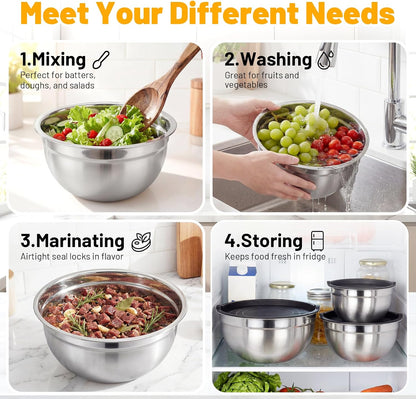 Beasea Stainless Steel Mixing Bowls, 5 Pack 1.5 QT Stackable Nesting Mixing Bowls with Airtight Lids, Metal Bowl with Lid for Baking, Meal Prepping, Salad, Serving, Food Storing