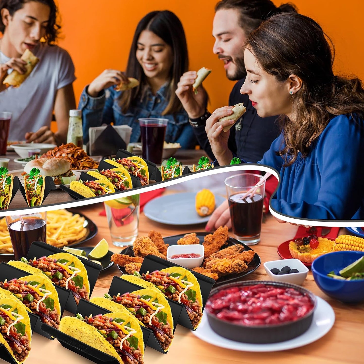Baderke Mexico Taco Holder Stands Set of 6 Black Large Tray Plates Plastics Holder for Taco Night Tuesday Carnival Party Supplies, Dishwasher Microwave Safe