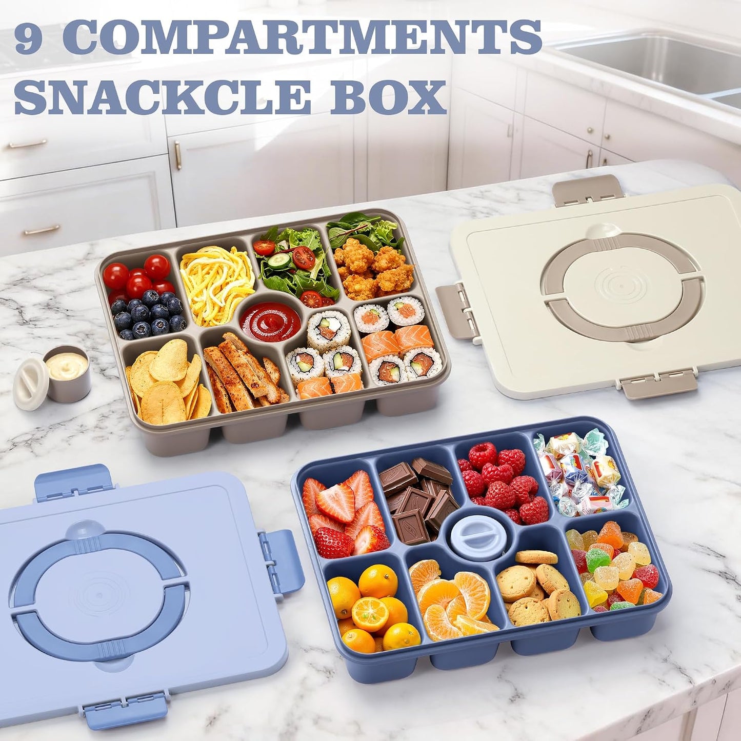 Snackle Box Container, Divided Serving Tray with Lid and Handle, 9 Compartments Snack Box Container for Adults, Portable Charcuterie Serving Platter for Candy Fruit, 9.9 Cups, White Grey