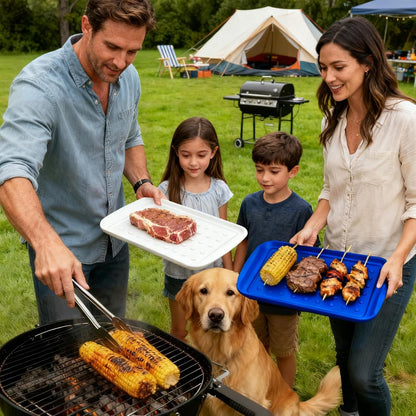 17 Inch Grilling Prep & Serve Trays with Non-Slip Base, Extra Thick,Warp-Resistant BBQ Platter Set for Cooking, Backyard Parties,Camping,Tailgating,Melamine Serving Trays for Food Prep,Red & Black