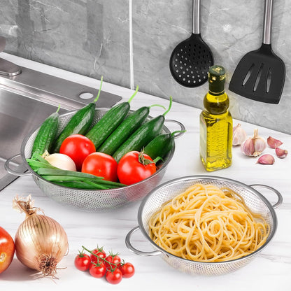 E-far Stainless Steel Colander Set of 3 (1-3-5Quart), Micro-Perforated Metal Colander Strainer with Handle for Kitchen/Draining Pasta/Rinsing Vegetables Fruits, Heavy Duty & Dishwasher Safe