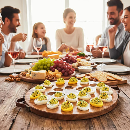 Hiceeden Acacia Wood Deviled Egg Platter with Handles for Easter, 24 Holes Round Deviled Egg Tray Container, Reversible Charcuterie Board Egg Plate Serving Tray for Countertop