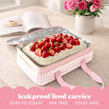 Fit & Fresh Insulated Casserole Carrier - Double Decker Food Carrier Fits Two 9x13 Dishes, Expandable Hot & Cold Food Transport Bag with Zipper Pocket for Potluck, Easter & Travel, Pink Gingham