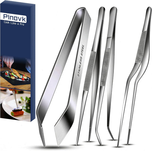 Cooking Tweezers, 4 Piece Set 6.3 inches Stainless Steel Kitchen Tweezers Culinary with Chef Cooking Utensils for Cooking Food Design styling