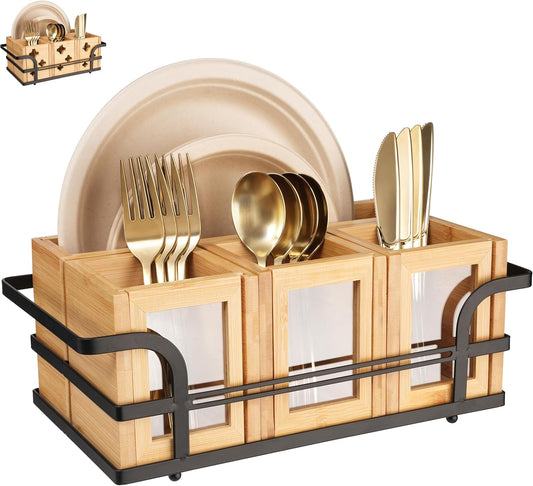 Silverware Caddy Wood Utensil Holder Cutlery Flatware Paper Plate Dispenser Organizer for Spoons Forks Plates Napkins (Acrylic)
