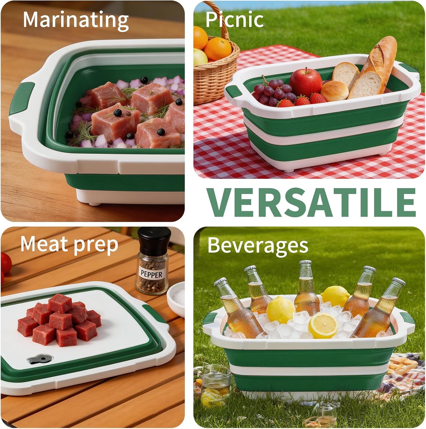 XUDAKAIXIN Collapsible BBQ Prep Tub for Meal Prep, Marinating,Food Storage, picnics, camping, barbecues,cutting fruits and vegetables - Includes Cutting Board and Locking Lid,(X-Large) Black