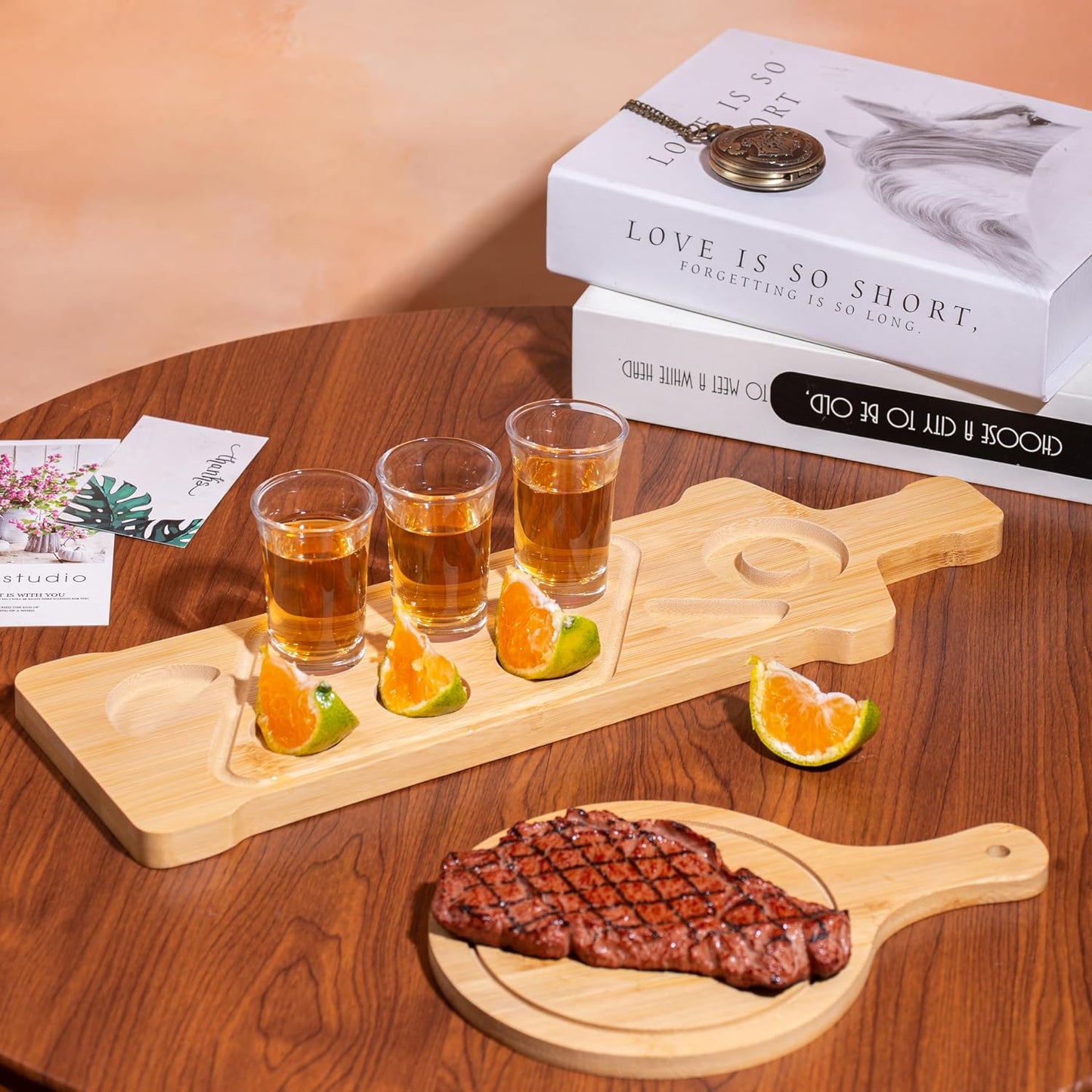 Tequila Shot Board Set - Serving Tray with 6 Glasses, Lemon Space, Salt Rimmer - 1.5 Oz Shots Holder for Margarita, Liquor, Party