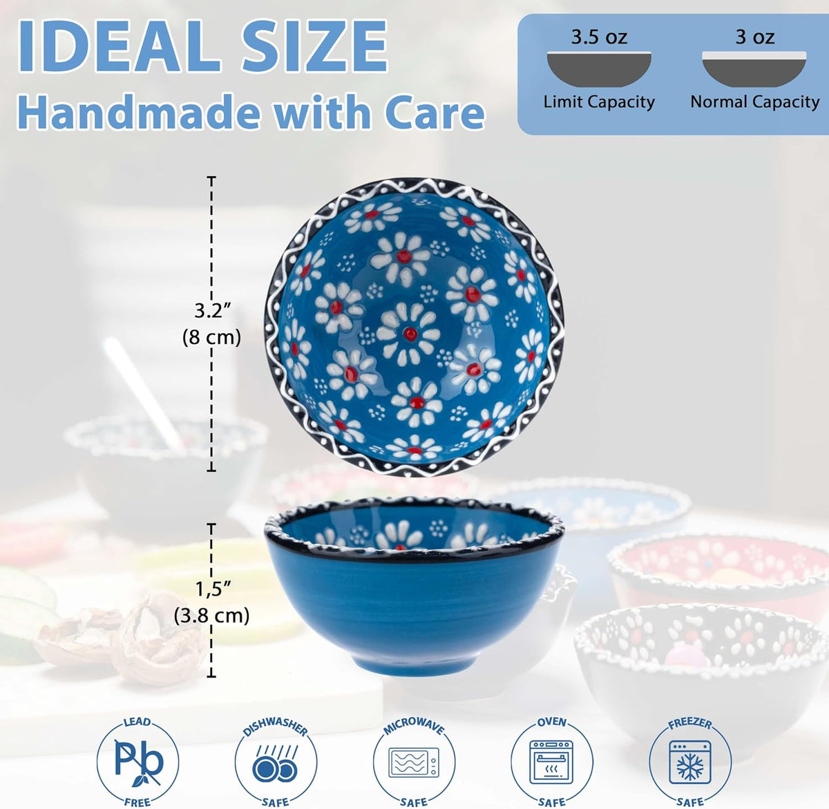 Ceramic Small Dipping Bowls Set of 6, 3.5 Oz Soy Sauce Dish, Handmade Charcuterie, Colorful Pinch, Dishwasher & Microwave Safe, 3.2'' Mini (SULTAN'S GARDEN)