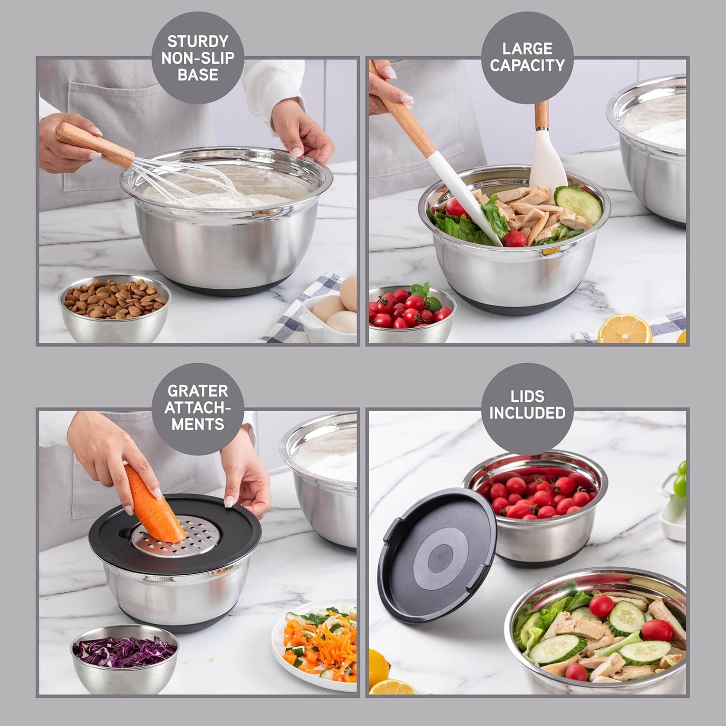 COOK WITH COLOR Stainless Steel Mixing Bowls Set with Lids - Nesting Bowls with Non-Slip Bottom, Sage, 12 Pieces