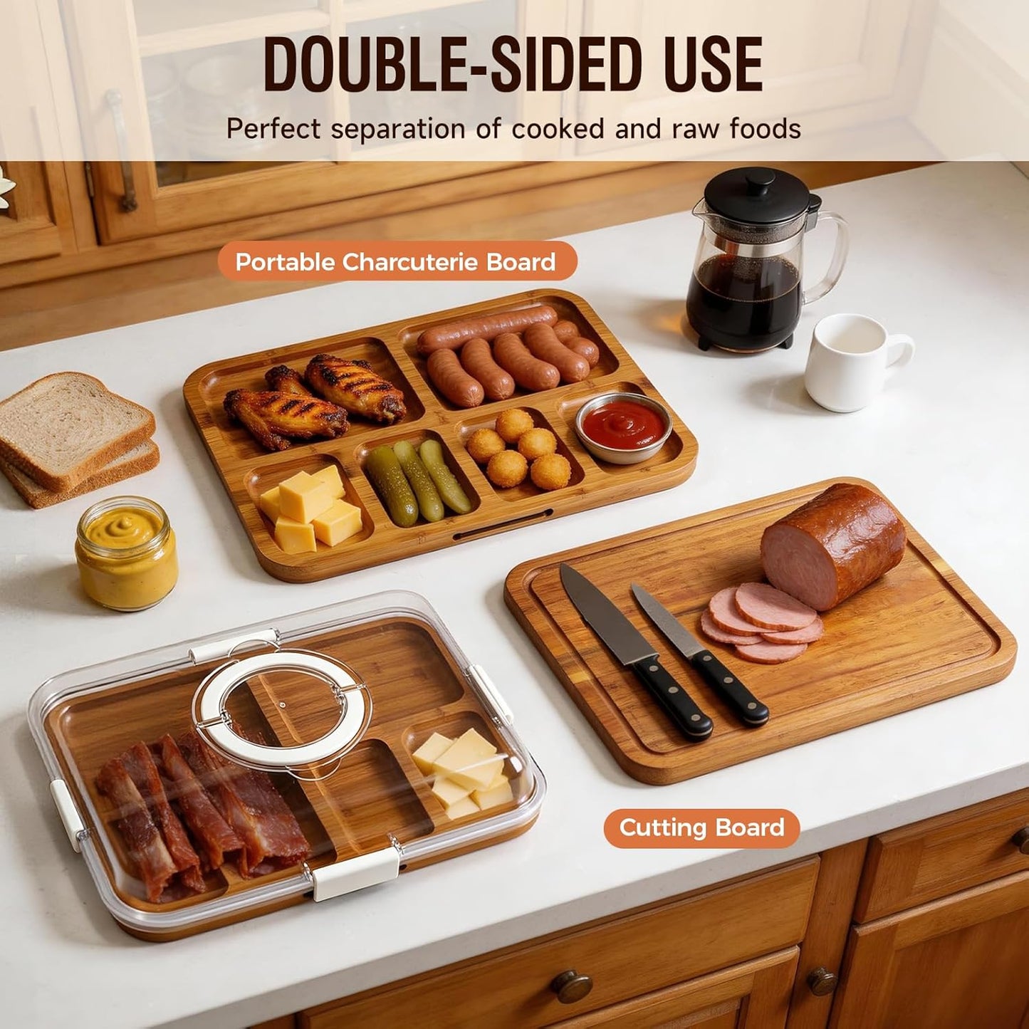 Renmxj Charcuterie Boards with Lid Gift Set, 2 in 1 Travel Portable Cheese Board with Knives Set, Carbonized Bamboo Charcuterie Tray, Housewarming Gifts New Home, Picnic, Wedding Gifts, Black Handle
