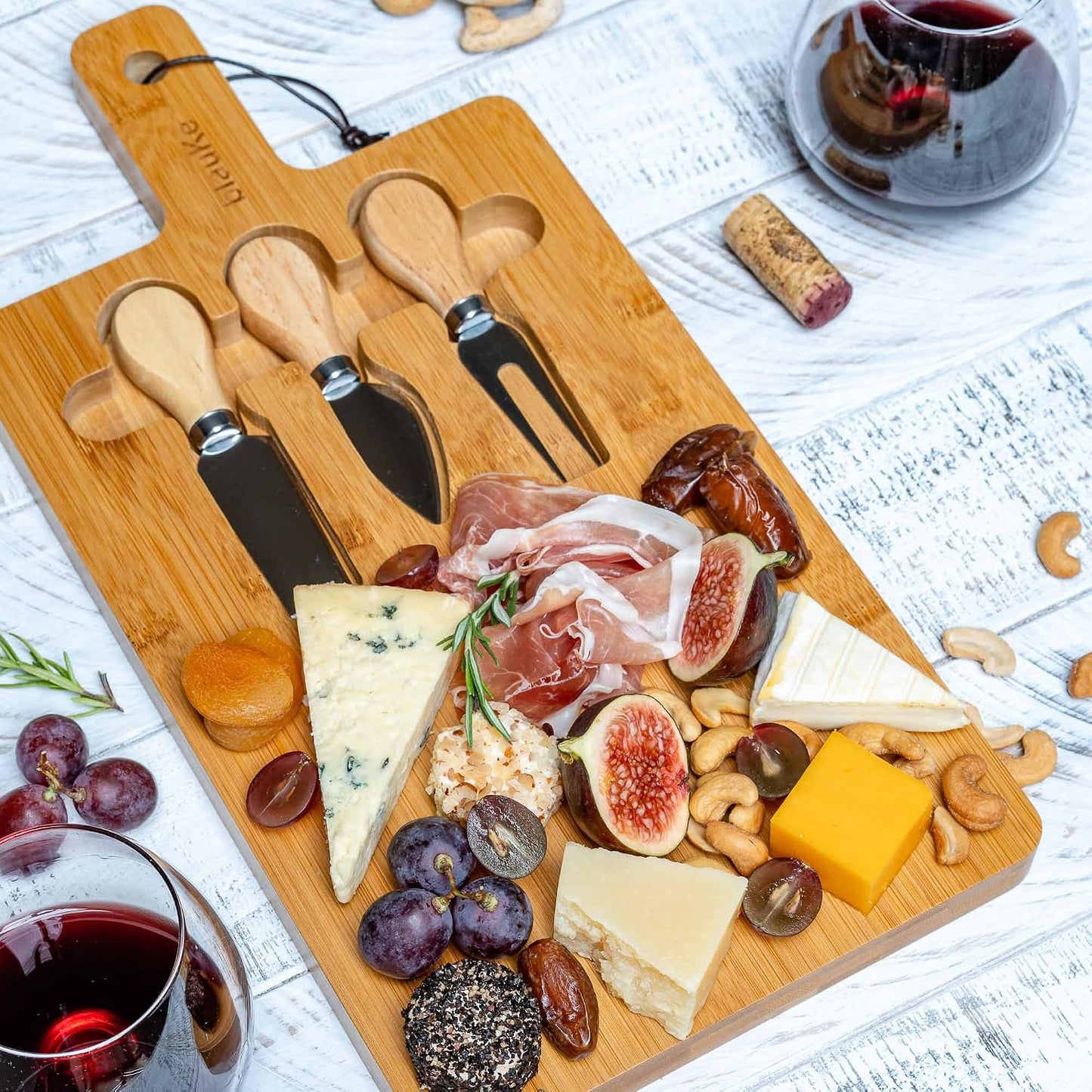 Bamboo Cheese Board and Knife Set – 14 inch Round Charcuterie Board, Serving Tray, Platter, Wood Cheeseboard Set with Slide-Out Drawer – BlauKe®