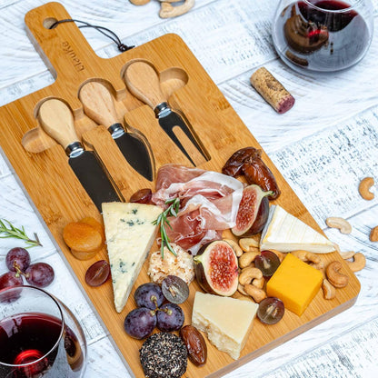 Bamboo Cheese Board and Knife Set – 14 inch Round Charcuterie Board, Serving Tray, Platter, Wood Cheeseboard Set with Slide-Out Drawer – BlauKe®