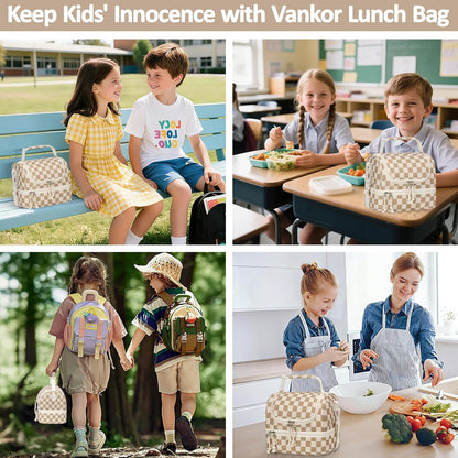 Vankor Corduroy Lunch Box Kids Insulated Lunch Bag Double Decker, Cute Leak-Proof Lunch Box for Boys Girls, Portable Cooler Lunch Bag Thermal Lunch Tote for School Picnic Travel, Light Blue