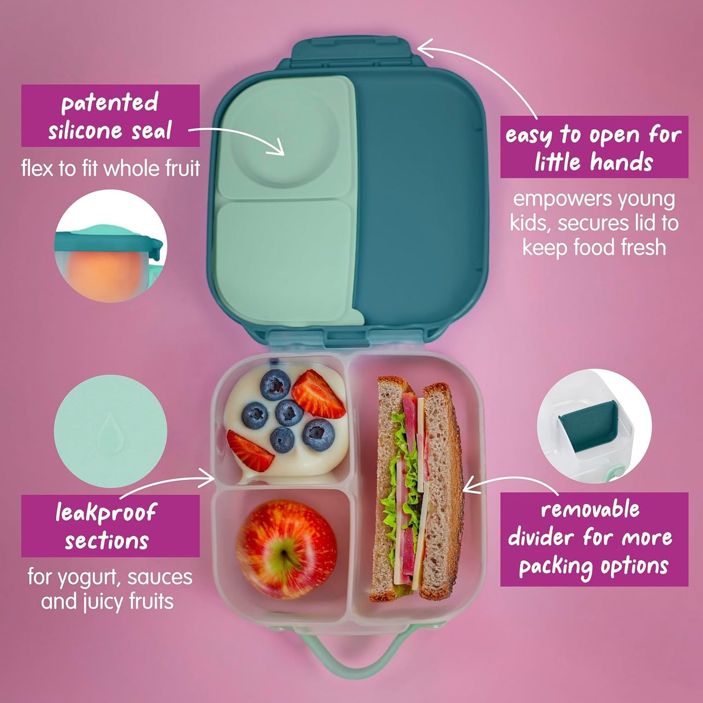 b.box Mini Lunch Box 2-Pack, Leak Proof Bento Box for Kids, 3 Compartment Snack Containers Ages 3+, Lunchbox for Daycare + School, Dishwasher Safe, BPA-Free, PFAS-Free, 4.25 Cup - Blue + Green