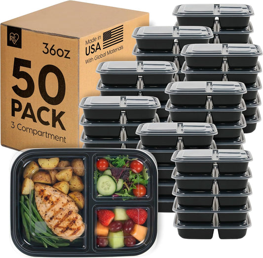 IRIS USA Meal Prep Containers, 36oz - 50 Pack (100-Piece) 3-Compartment Reusable Food Storage Containers with Lids, Plastic Kitchen Food Prep To Go Lunch Box, Microwave Freezer Dishwasher Safe, Black