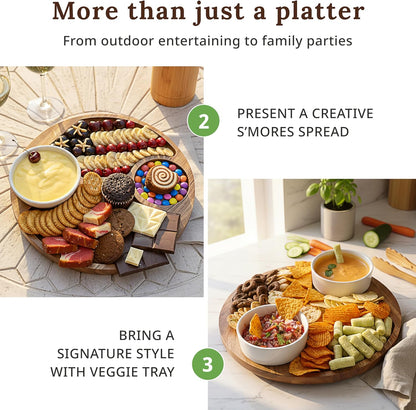 Chip and Dip Serving Platter — w/ 2 Ceramic Bowl — 12.2" Large Divided Serving Tray With Handles For Nachos & Salsa, Snack, Veggie, Fruit, Dessert — Wooden Hosting Essentials For Home