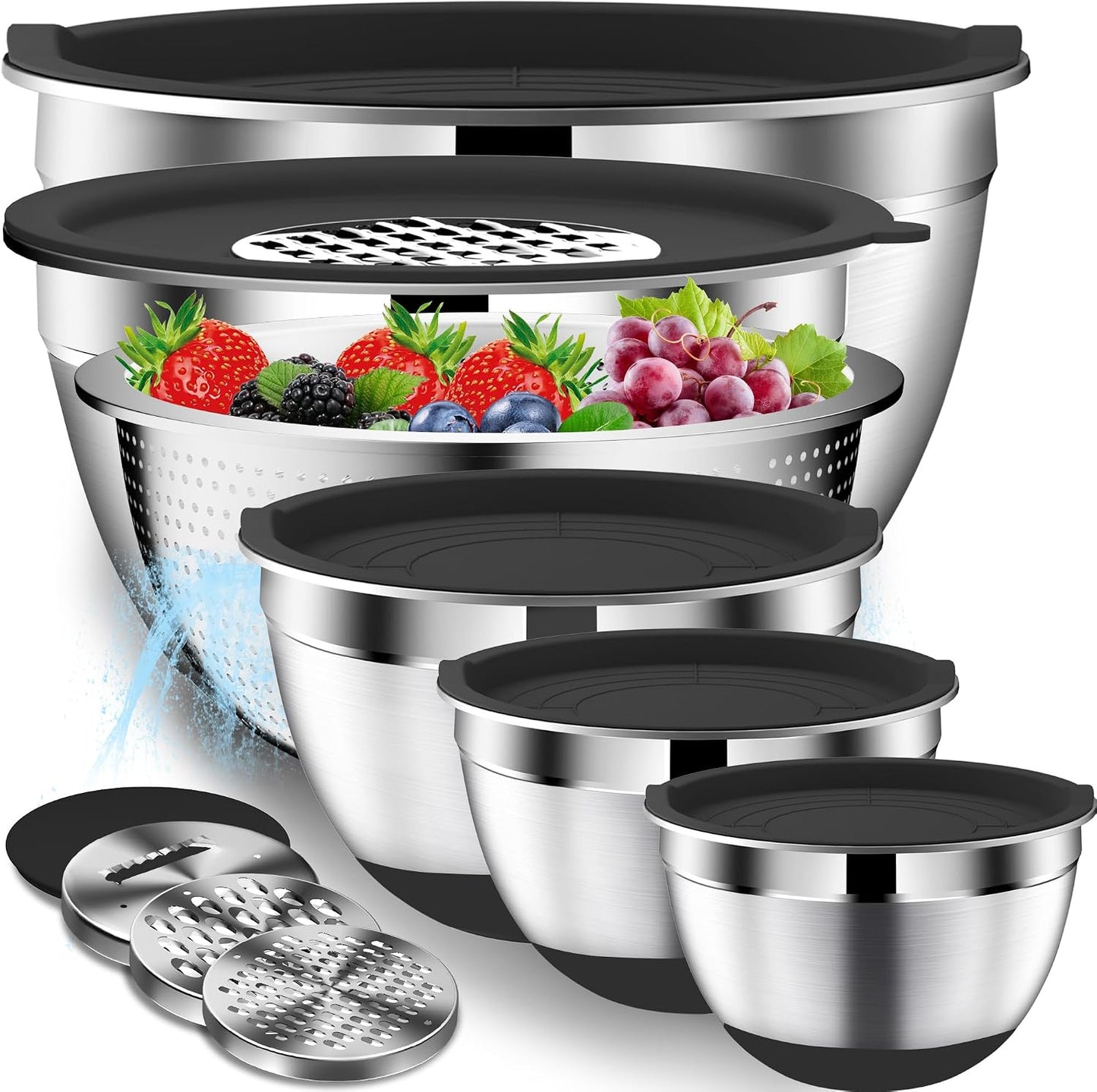 DUTZUN Mixing Bowls with Lids Set - 16pcs Stainless Steel Mixing Bowl Set with Colander, 3 Grater Attachments, Non-Slip Bottom, Metal Nesting Bowls with Strainer for Mixing & Serving - Black