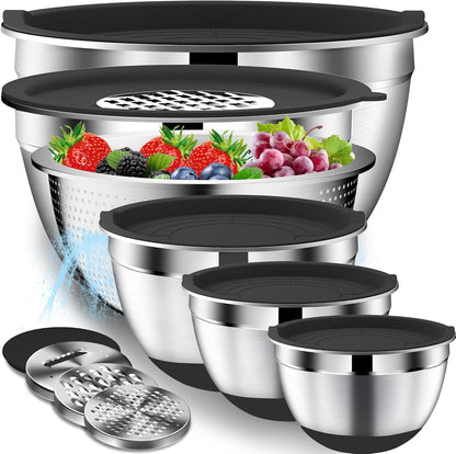 DUTZUN Mixing Bowls with Lids Set - 16pcs Stainless Steel Mixing Bowl Set with Colander, 3 Grater Attachments, Non-Slip Bottom, Metal Nesting Bowls with Strainer for Mixing & Serving - Black