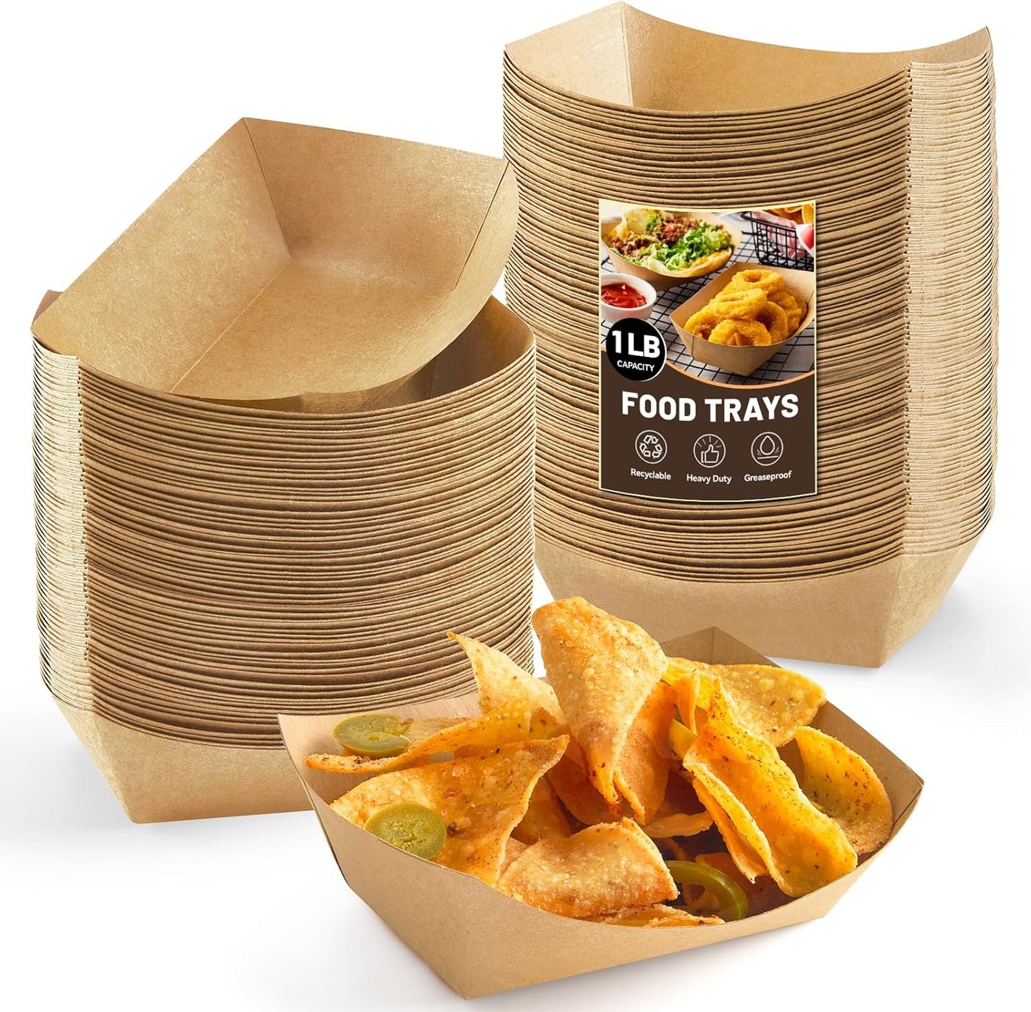 ZORRITA 2 Lb Paper Food Trays - 100 Pack Disposable Nacho Trays Brown Food Boats Take Out Basket Holders for Serving Party Snacks Hot Dogs Tacos Fries