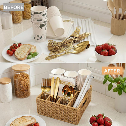 Wicker Utensil Caddy Basket with 6 Compartment, Hand-Woven | Cutlery Silverware Holder with Handle, Picnic Basket, Paper Plate Organizer for Party Camping Buffet