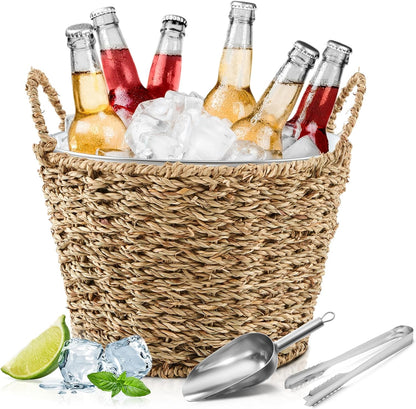 5 Quart Ice Bucket with Wicker Outer Basket, Scoop, Tong and Handle, Beverage Tub Grass Rope Woven Farmhouse Galvanized Bucket for Party Seaside Bar Buffet Wine Beer Bottle