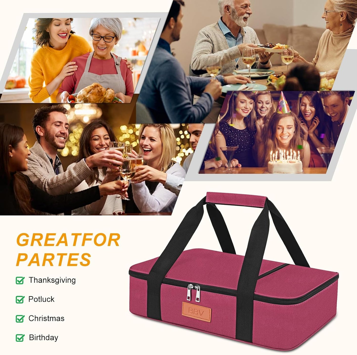 BBV Insulated Casserole Carrier for Hot or Cold Food, Food Warmer Bag Fits 9"x13" Baking Dish, Durable Nylon Leak Proof Food Containers for Travel, Potluck, Parties, Picnic, Cookouts (Beige)