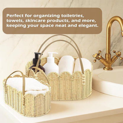 Rattan Picnic Basket with Handle, Wicker Picnic Basket with Scalloped Edge, Garden Harvest Basket, Woven Baskets for Vegetable & Fruit, 2 Pack
