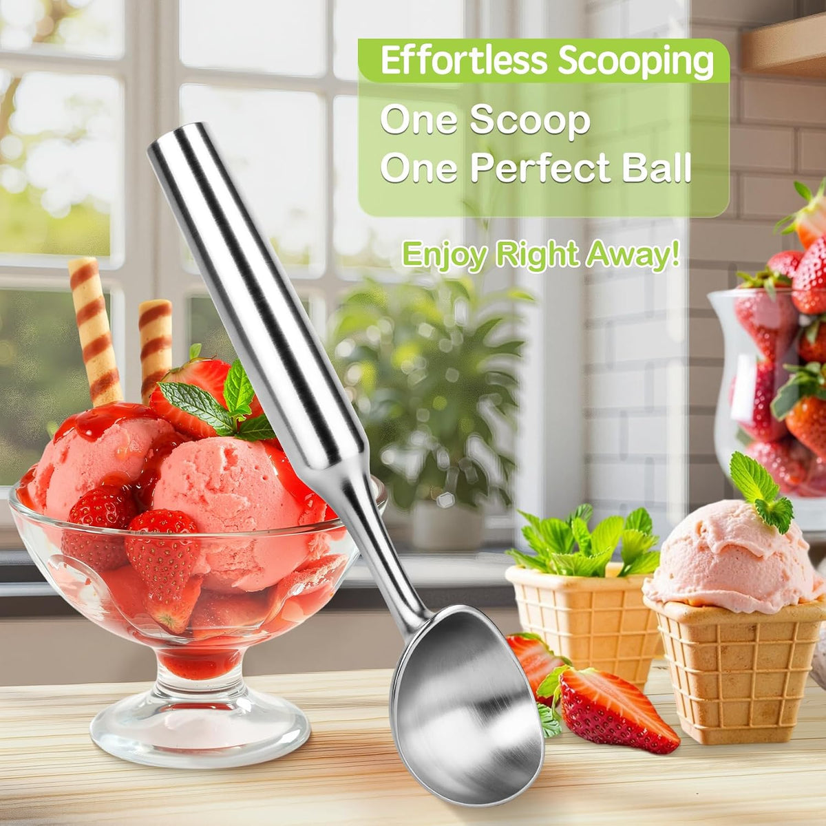 Ice Cream Scoop, 7.9 inches One-Piece Design Stainless Steel Scooper for Cookie Dough,Gelato, Sorbet,Heavy Duty with Comfort Handle, Dishwasher Safe